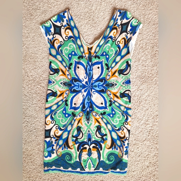 Anthropologie Maeve Womens Bluw And Green Folksong Shift Dress V-Neck - Size XS - Picture 7 of 9